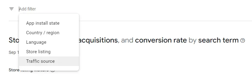 Google Play Explore filter by traffic source