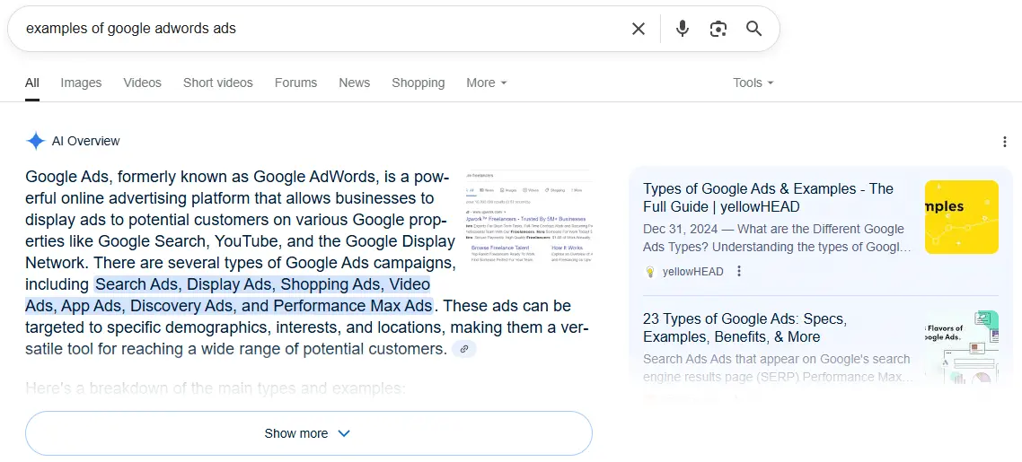Examples of Google adwords ads Google search 